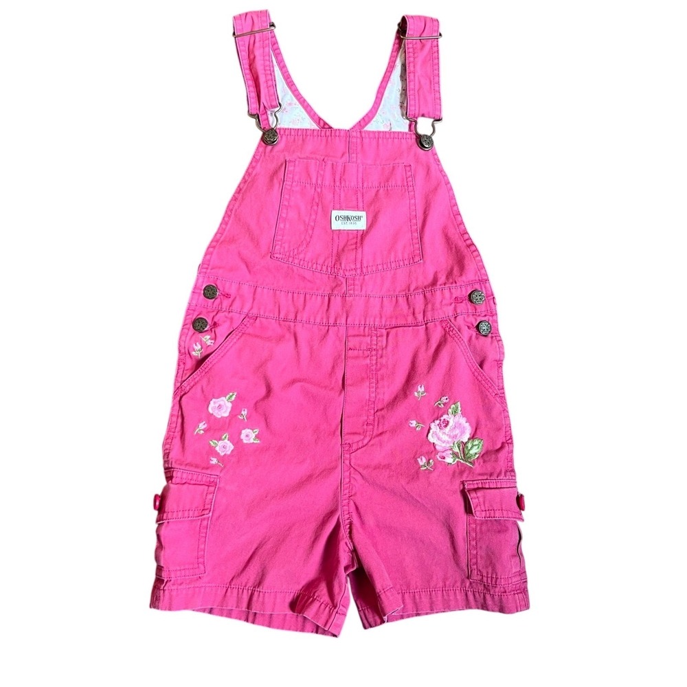 Y2k OshKosh Bgosh Girls Pink Floral Embroidered Cargo Shortalls Overalls Size 6X